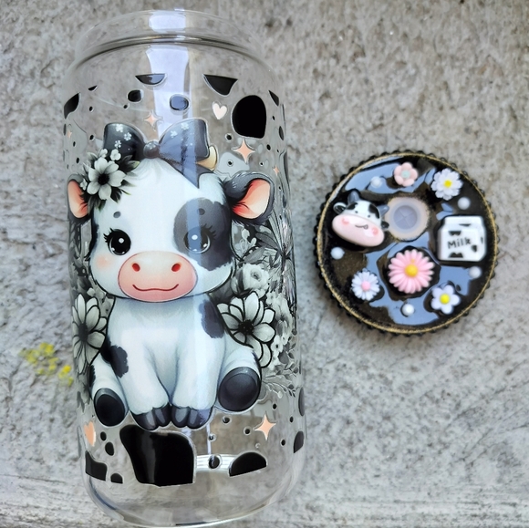 Handmade Other - Cow Themed Glass Tumbler with Lid